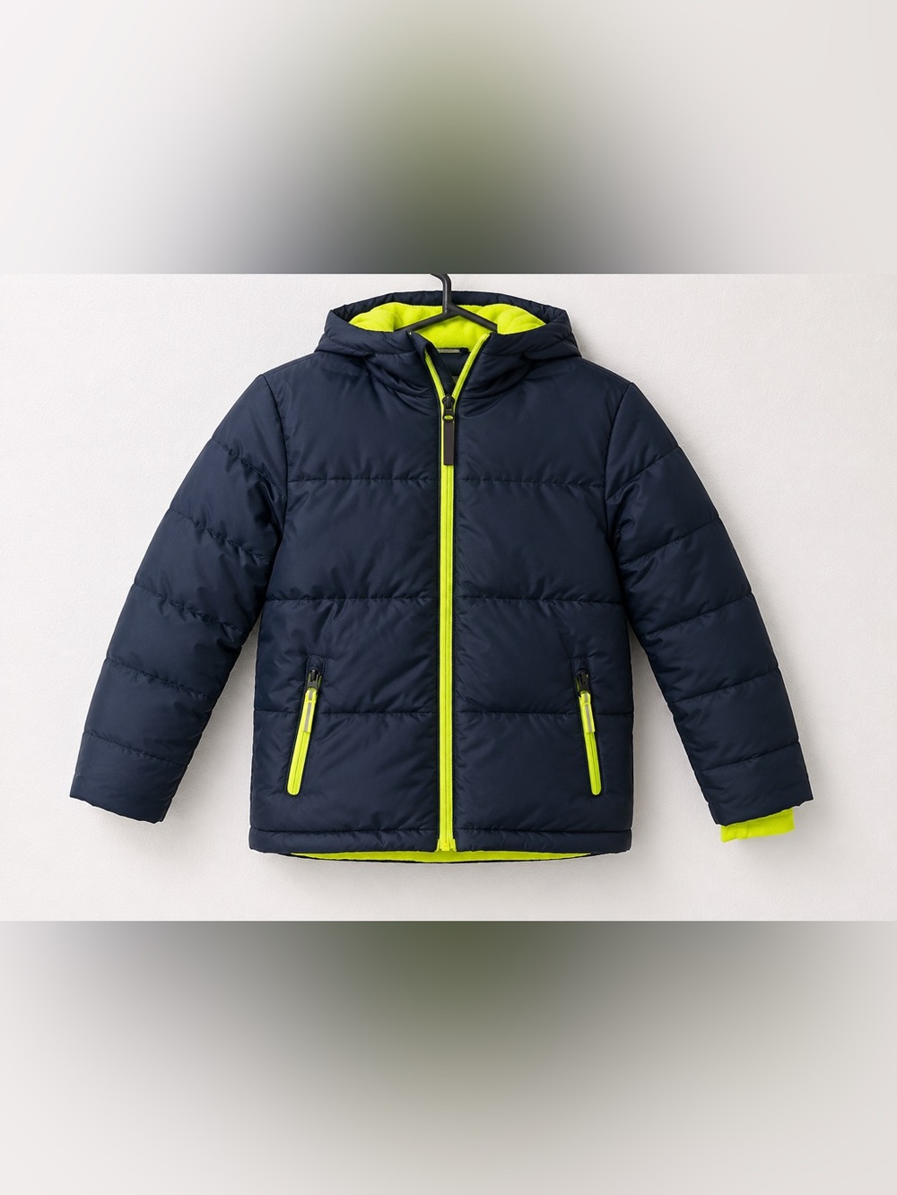 Champion Boys Puffer Jacket Navy Blue Neon Green Size 6-7